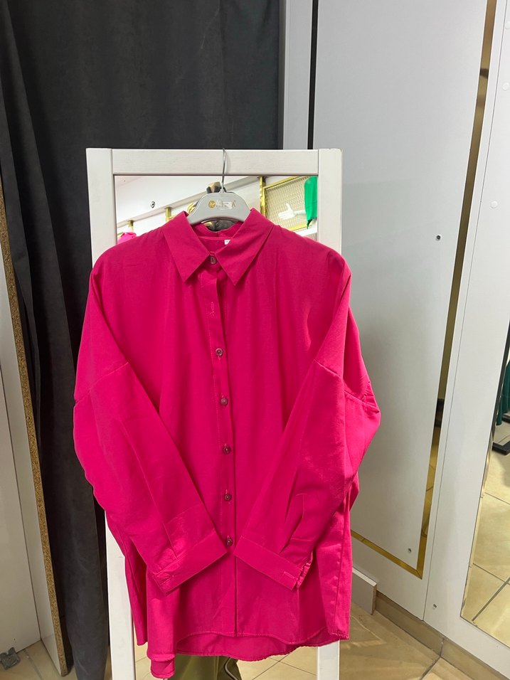 Pembe Düğmeli Oversize Keten Gömlek - Görsel 3