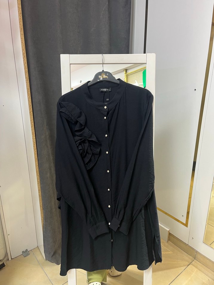 Kadın Siyah Uzun Kollu Fırfırlı Keten Gömlek - Görsel 2