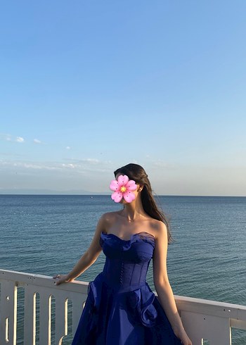 Straplez Koyu Mavi Uzun Abiye Elbise - Görsel 6