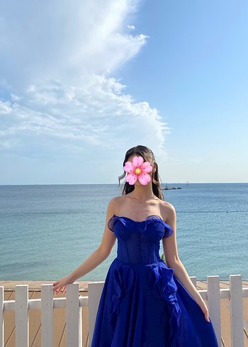 Straplez Koyu Mavi Uzun Abiye Elbise - Görsel 2