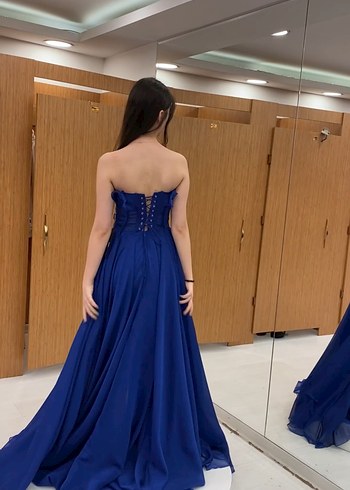 Straplez Koyu Mavi Uzun Abiye Elbise - Görsel 4