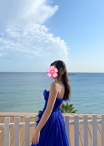 Straplez Koyu Mavi Uzun Abiye Elbise - Görsel 5