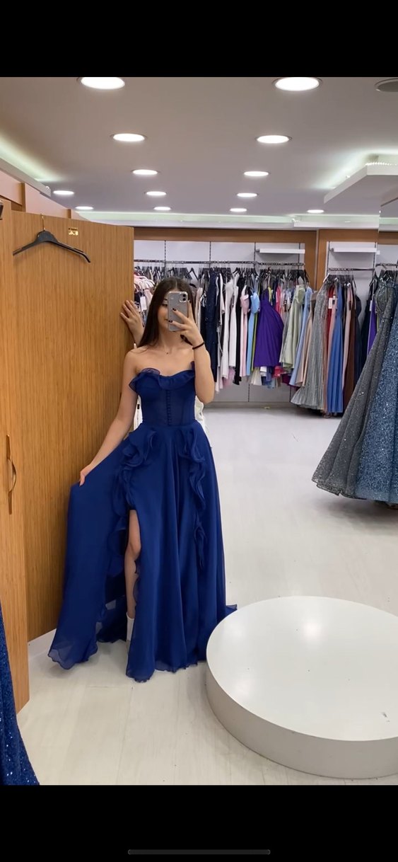 Straplez Koyu Mavi Uzun Abiye Elbise - Görsel 3