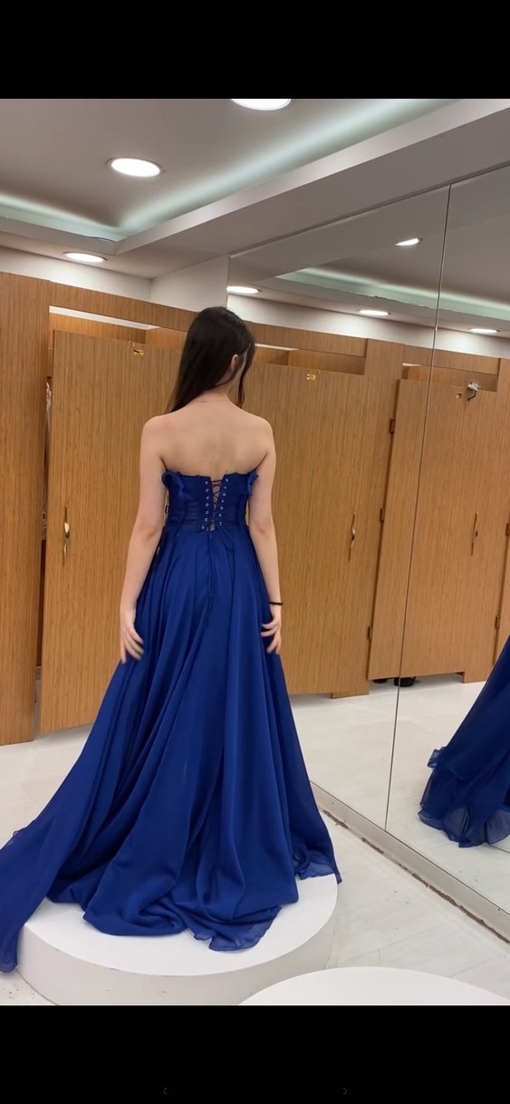 Straplez Koyu Mavi Uzun Abiye Elbise - Görsel 4