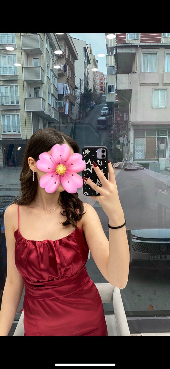 Bordo Parlak Saten  Elbise - Görsel 2