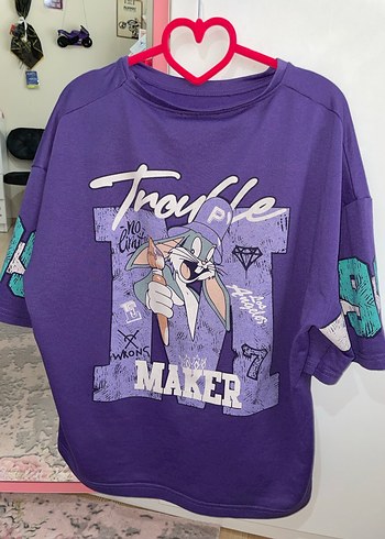 Mor Oversize Baskılı Kadın Tişört - Görsel 4