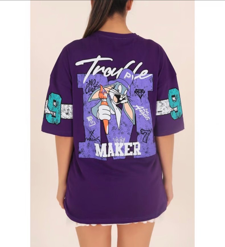 Mor Oversize Baskılı Kadın Tişört - Görsel 2