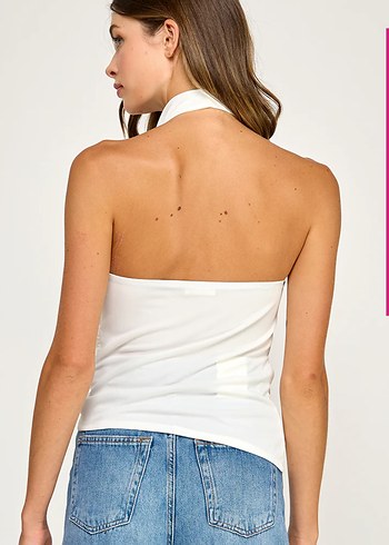 Beyaz Kemer Detaylı Kolsuz Keten Bluz - Görsel 3