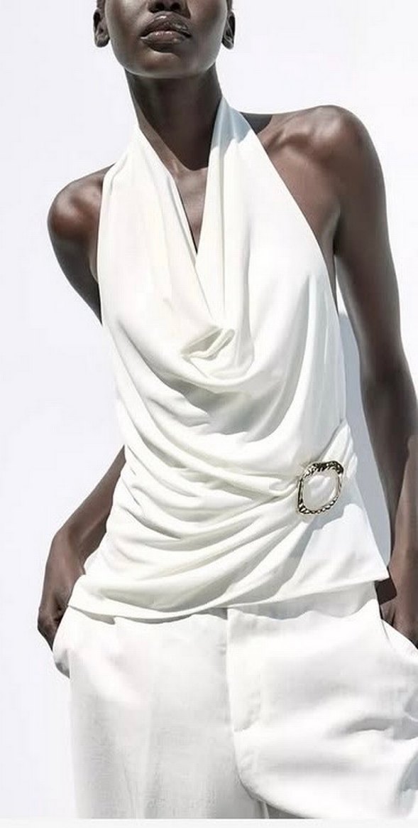 Beyaz Kemer Detaylı Kolsuz Keten Bluz - Görsel 2