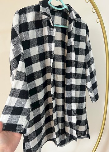 Gri Ekose Düğmeli Kadın Kazak Gömlek - Görsel 2