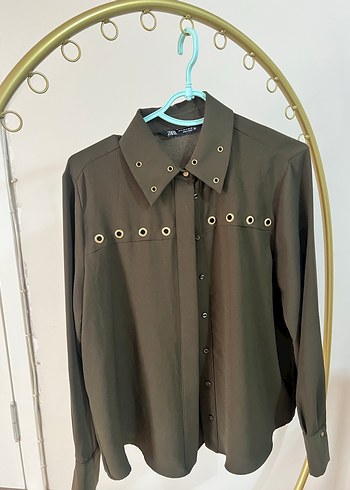 ZARA Düğmeli Haki Uzun Kollu Kadın Gömlek - Görsel 2
