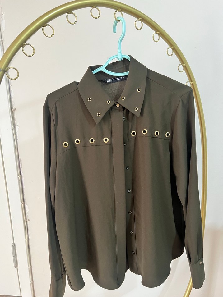 ZARA Düğmeli Haki Uzun Kollu Kadın Gömlek - Görsel 2