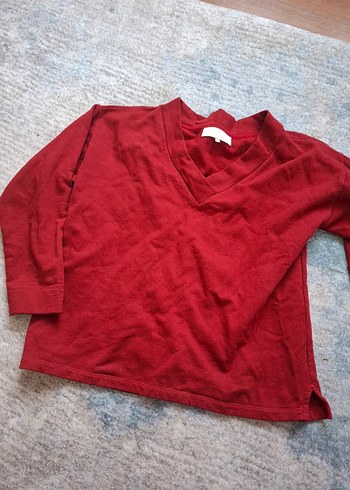 Kırmızı V Yakalı Kadın Keten Kazak - Görsel 2