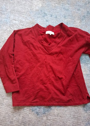 Kırmızı V Yakalı Kadın Keten Kazak - Görsel 3