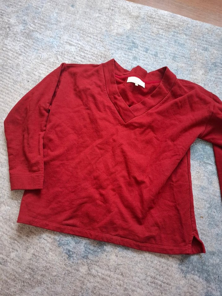 Kırmızı V Yakalı Kadın Keten Kazak - Görsel 2