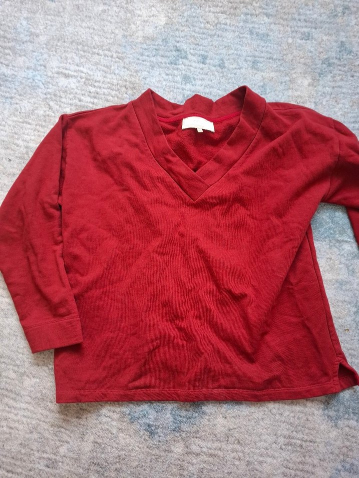 Kırmızı V Yakalı Kadın Keten Kazak - Görsel 3