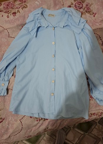 Açık Mavi Düğmeli Uzun Kollu Keten Gömlek - Görsel 3