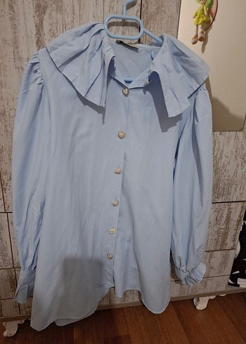 Açık Mavi Düğmeli Uzun Kollu Keten Gömlek - Görsel 6