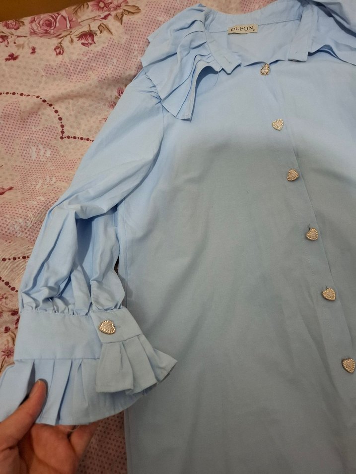 Açık Mavi Düğmeli Uzun Kollu Keten Gömlek - Görsel 5