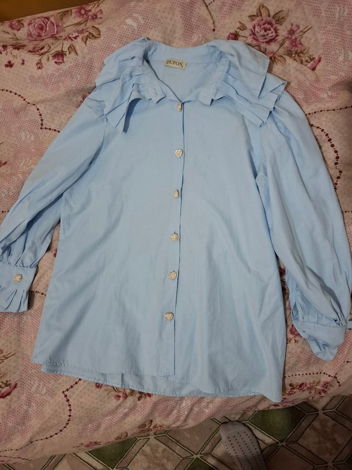 Açık Mavi Düğmeli Uzun Kollu Keten Gömlek - Görsel 2