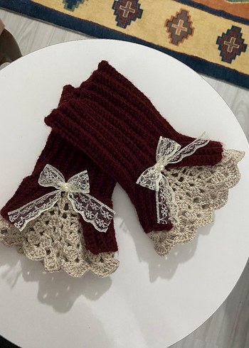 Dantel Detaylı Bordo Örgü Eldiven - Görsel 2