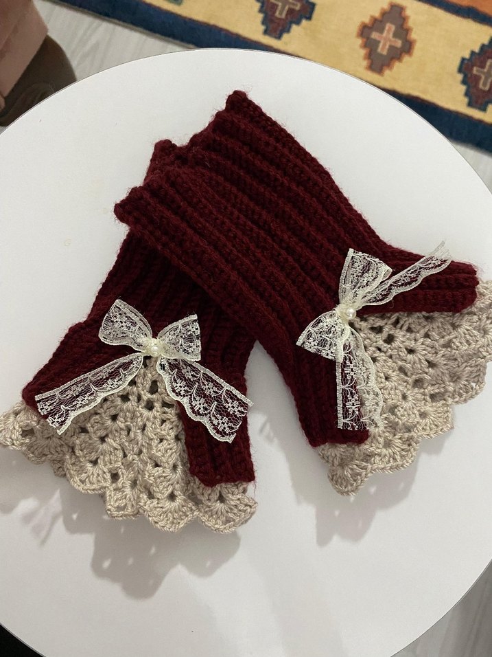 Dantel Detaylı Bordo Örgü Eldiven - Görsel 3