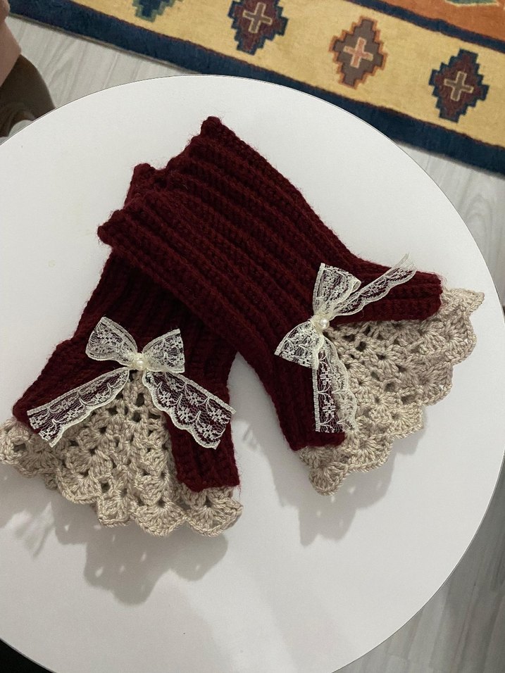 Dantel Detaylı Bordo Örgü Eldiven - Görsel 2