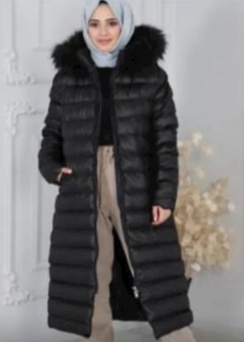 Siyah Kürklü Uzun Kadın Kışlık Mont - Görsel 4