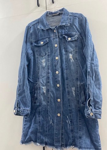 Düğmeli Uzun Mavi Denim Ceket - Görsel 2