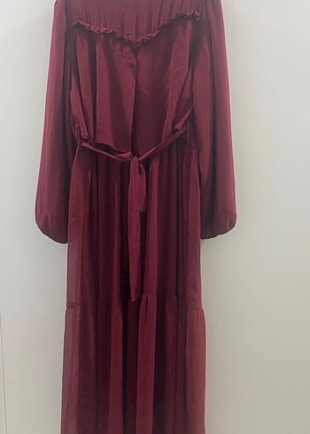 Bordo Uzun İpek Görünümlü Bohem Elbise - Görsel 3