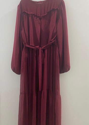 Bordo Uzun İpek Görünümlü Bohem Elbise - Görsel 2