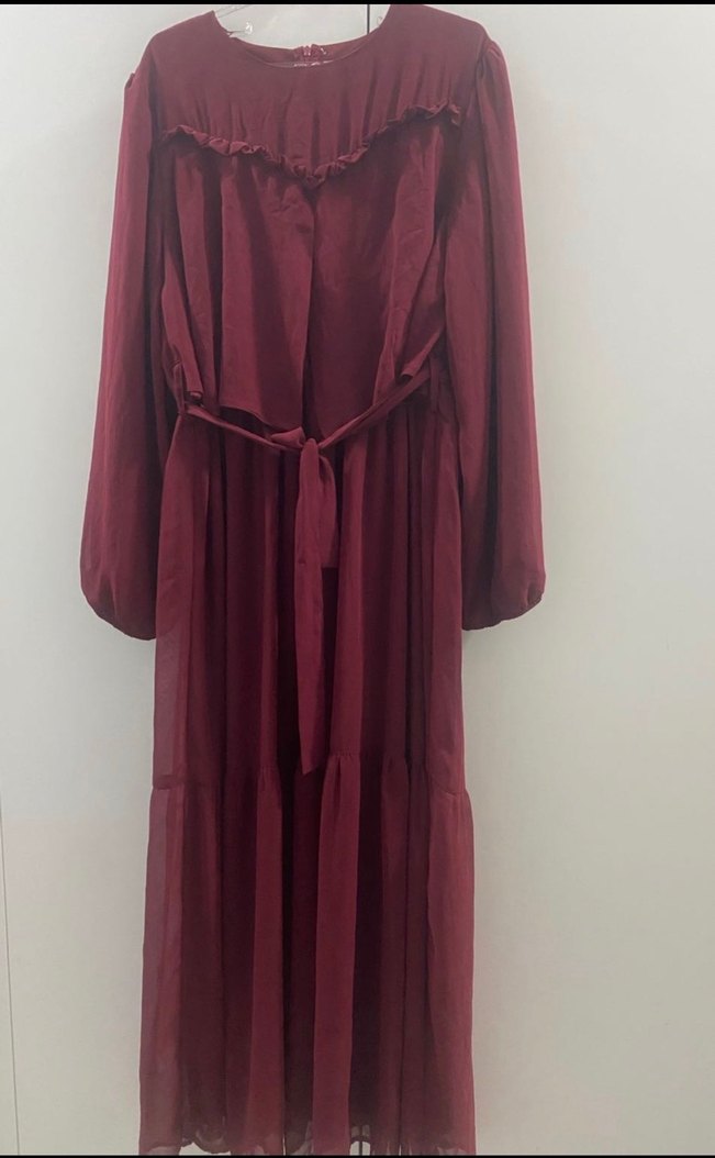 Bordo Uzun İpek Görünümlü Bohem Elbise - Görsel 3