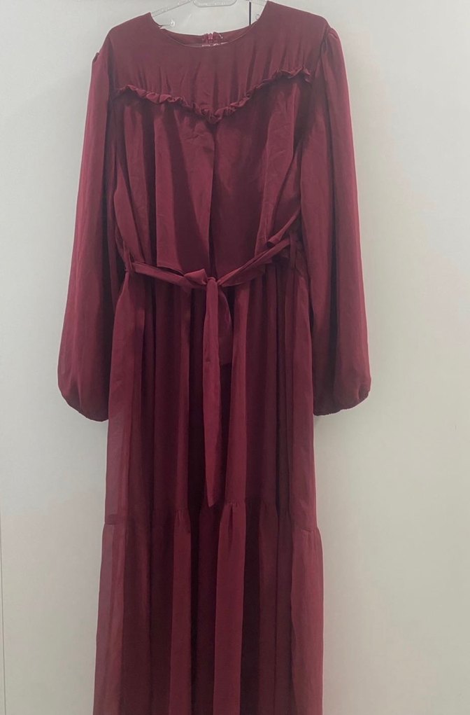 Bordo Uzun İpek Görünümlü Bohem Elbise - Görsel 2