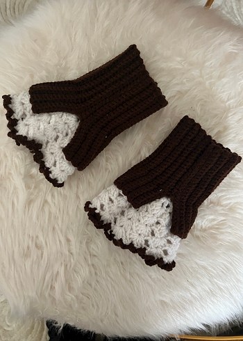 Dantel Detaylı Kahverengi Vintage Örgü Eldiven - Görsel 2