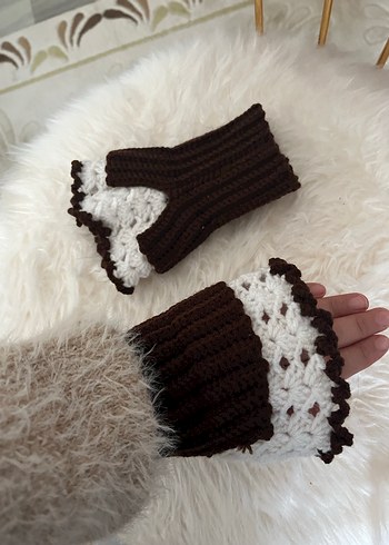 Dantel Detaylı Kahverengi Vintage Örgü Eldiven - Görsel 3