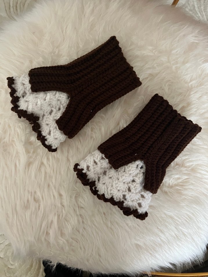 Dantel Detaylı Kahverengi Vintage  Örgü Eldiven - Görsel 2