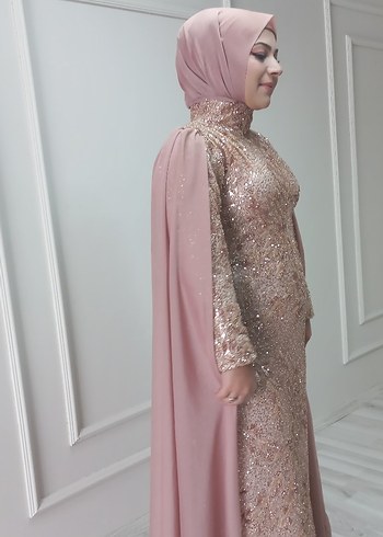 Drapeli Bej Uzun Abiye Elbise - Görsel 2