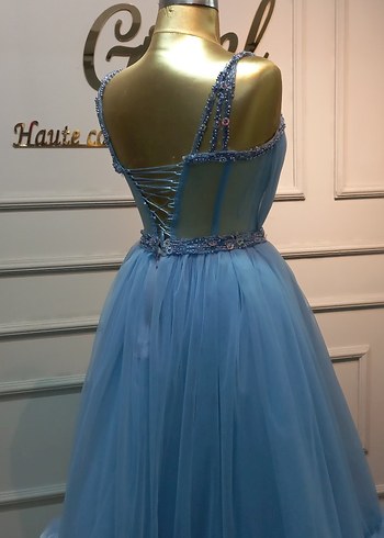 Mavi Uzun Drapeli Düğün Elbisesi - Görsel 2