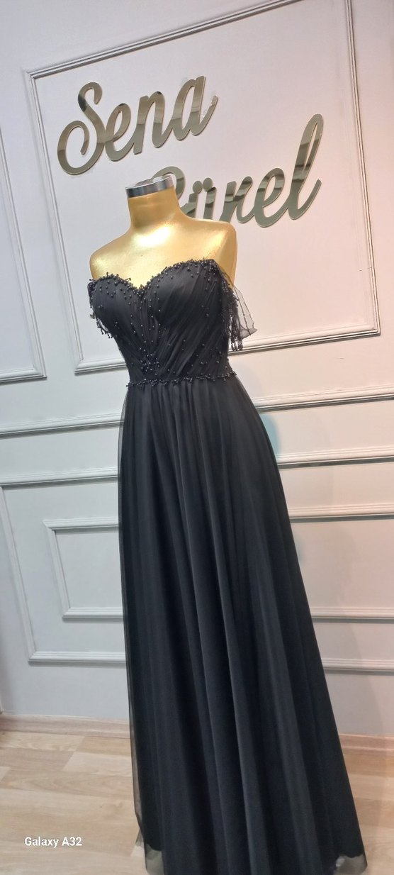 Siyah Straplez Uzun İşlemeli Abiye Elbise - Görsel 2