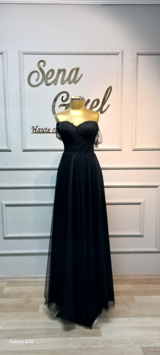 Siyah Straplez Uzun İşlemeli Abiye Elbise - Görsel 4