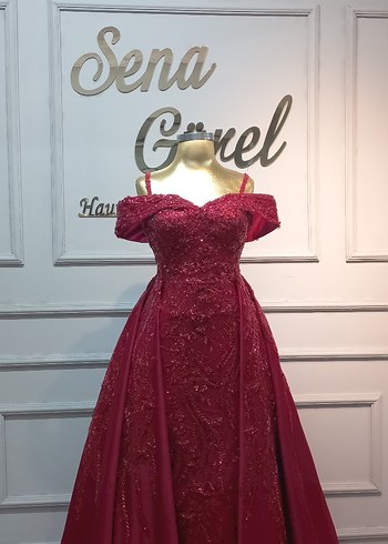 Bordo Straplez İşlemeli Uzun Abiye Elbise - Görsel 2