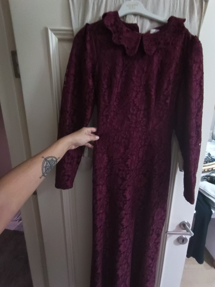 Mor Dantel Uzun Kollu Uzun Elbise - Görsel 2