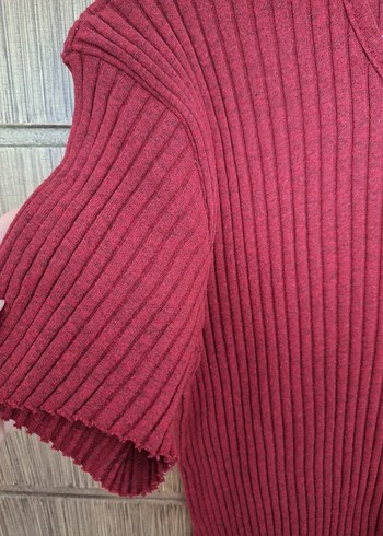 Bordo Kısa Kollu Triko Kadın Kazak - Görsel 2