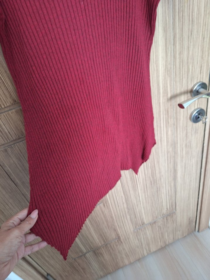 Bordo Kısa Kollu Triko Kadın Kazak - Görsel 4