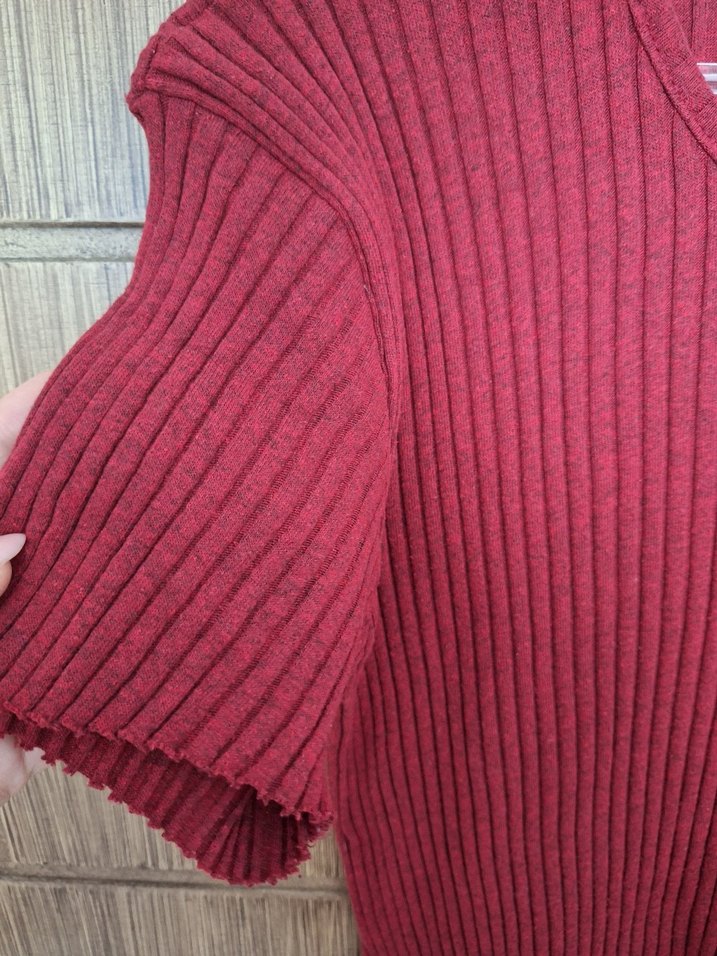 Bordo Kısa Kollu Triko Kadın Kazak - Görsel 2