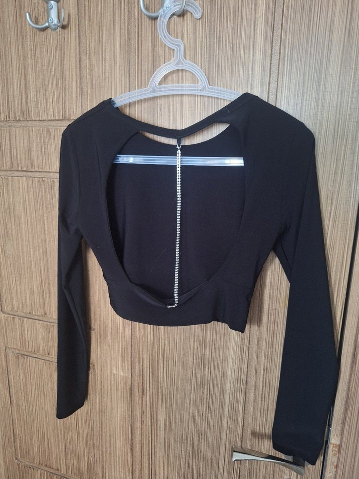 Siyah Uzun Kollu Crop Bluz - Görsel 2