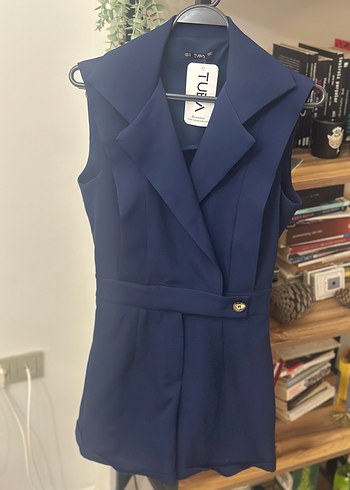 Lacivert Kemerli Kolsuz Mini Tulum - Görsel 3