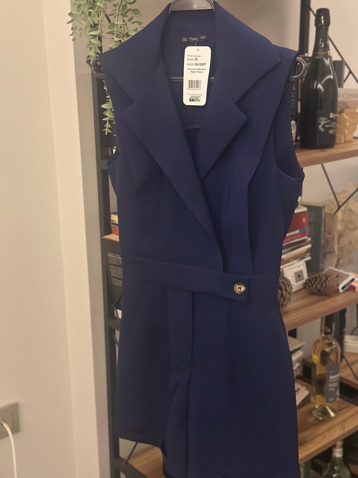 Lacivert Kemerli Kolsuz Mini Tulum - Görsel 4