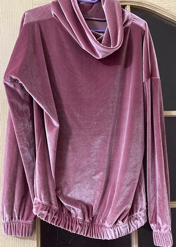 Pembe Kadife Uzun Kollu Salaş Sweatshirt - Görsel 2