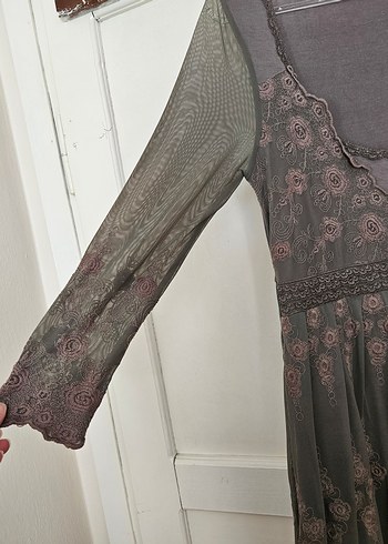 Dantel İşlemeli Bohem V Yaka Uzun Elbise - Görsel 2